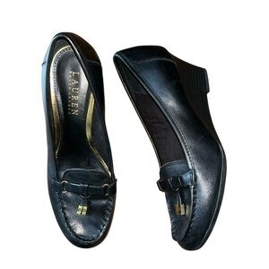 Lauren Ralph‎ Lauren Womens Rory Black Leather Wedge Tassel Loafers Size 6.5